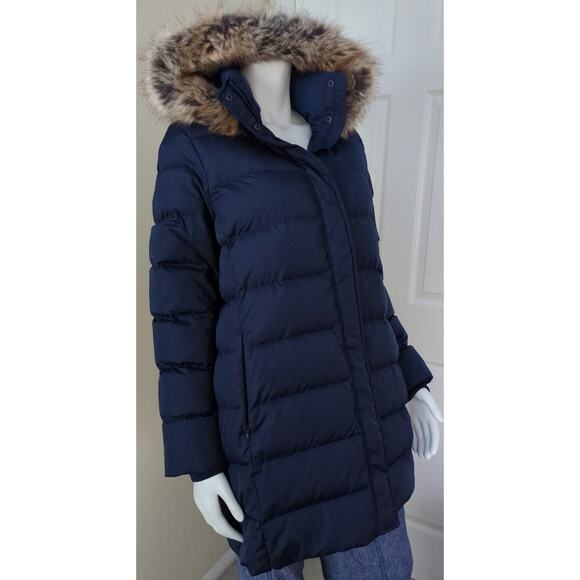Women's Navy Puffer Coat with Faux Fur Hood - Picture 1 of 11